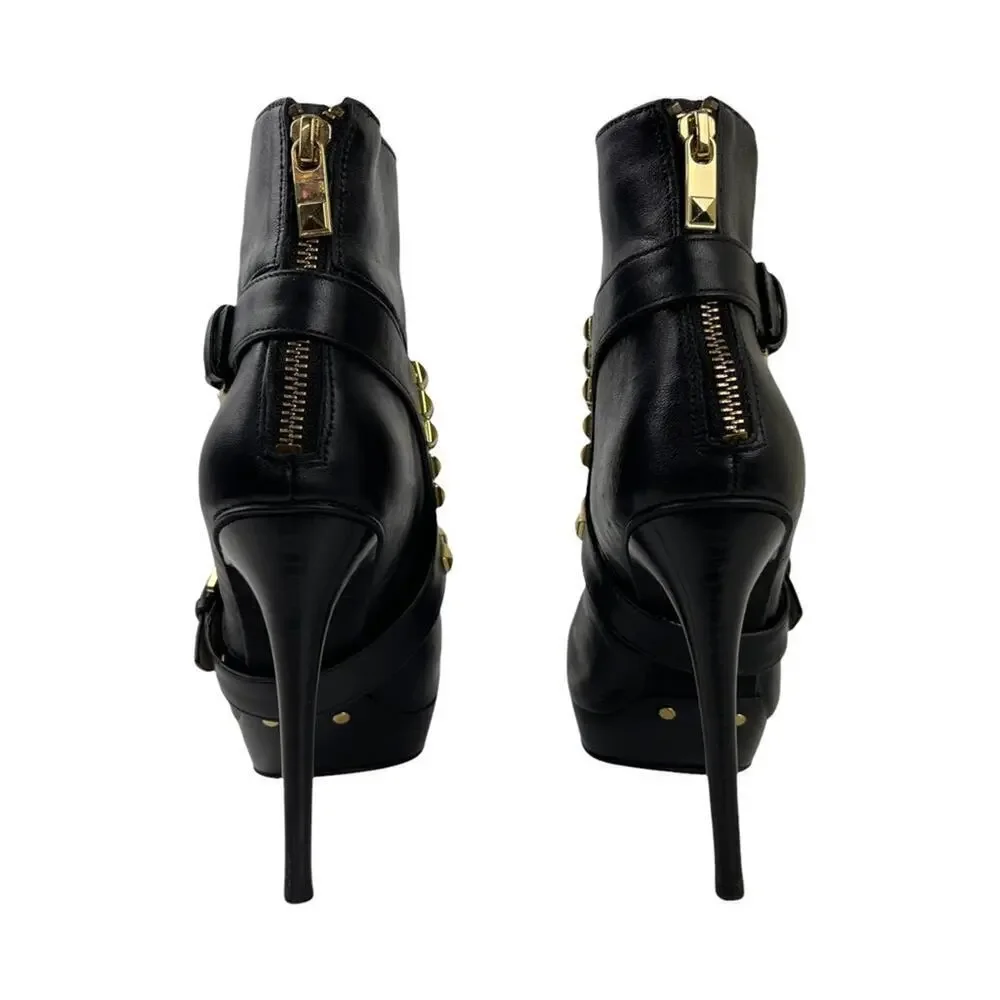 Michael Kors Rock and Roll Black Leather Gold Studs Harness Booties Boots 7M